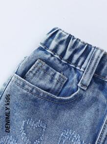 SHEIN Girls Elastic Waist Cute & Playful Split Open Design Sense Of Fashion Distressed Heart Decor A-Line Denim Mini Skirt - Light Wash - View 3