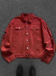 Manfinity EMRG Men's Casual Red Ripped Denim Jacket - Red - View 1