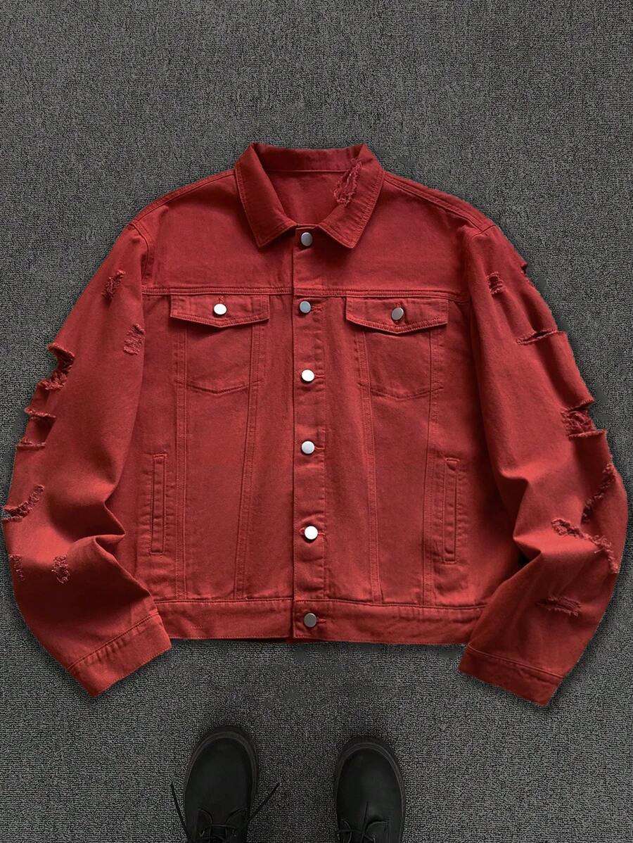 Manfinity EMRG Men's Casual Red Ripped Denim Jacket - Red - View 1