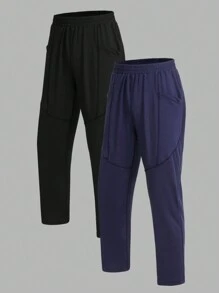 2pcs Women's Solid Color Elastic Waist Casual Sporty Pants For Everyday Wear