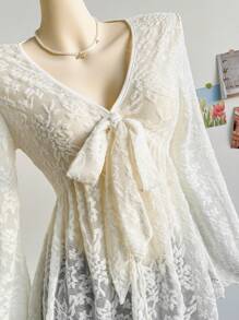 Soleia Áo ren đi nghỉ cho nữ có dây buộc phía trước và tay loe - Màu be - Xem 6