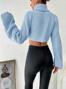 EURMUSE Turtleneck Cold Shoulder Lantern Sleeve Crop Sweater - Blue - View 2