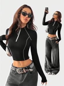 Coolane 女式春夏基本款针织弹力四分之一拉链带纹理装饰运动黑色修身高领长袖 T 恤 - 黑色 - 查看 1