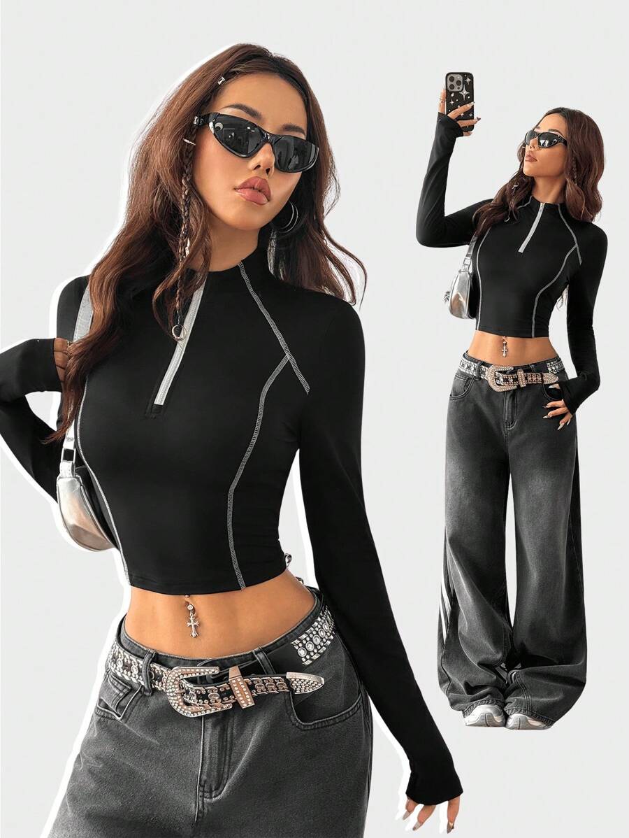 Coolane 女式春夏基本款针织弹力四分之一拉链带纹理装饰运动黑色修身高领长袖 T 恤 - 黑色 - 查看 1