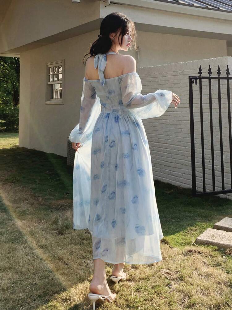 V-Neck Floral Print Ruffle Mid-Calf Ruffle Hem Dress For Women,Fall Dress Long Sleeve Dress
