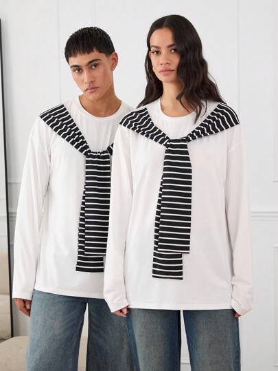 Manfinity VCAY 男女通用针织拼布宽松落肩仿围巾圆领长袖 T 恤