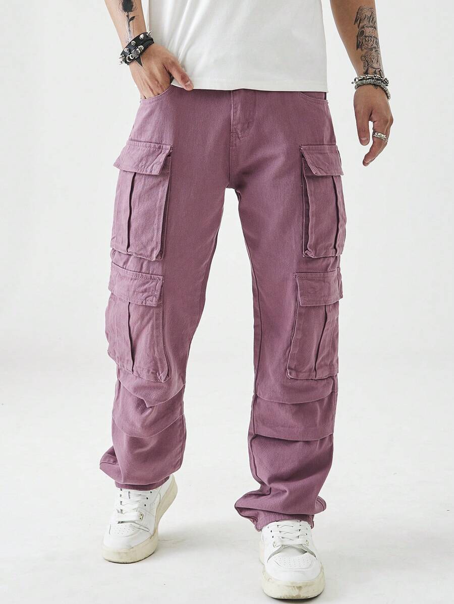 Chillumni Quần Jeans Denim Thiết Kế Đơn Giản Túi Trơn Cho Nam, Mặc Hàng Ngày Thường Ngày - Bụi hồng - Xem 1