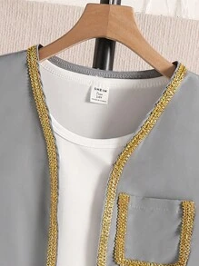 2pcs Teen Boy Casual Outfit: Shirt And Vest, Relaxed Fit Pants, Comfortable And Breathable, Gold Trim, Shirt With Pockets