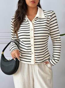 SHEIN Frenchy 大码休闲优雅条纹领开衫 T 恤 - 黑與白 - 查看 6