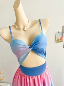 Soleia Vacation V-Neck Crisscross Waist A-Line Ombre Print Midi Slip Spring Dress Easter Dress For Women