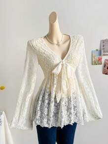 Soleia Áo ren đi nghỉ cho nữ có dây buộc phía trước và tay loe - Màu be - Xem 5