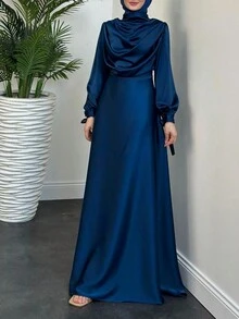 Solid Color Long Sleeve Simple Casual Long Maxi Arabian Dress, Modest - Navy Blue - View 2