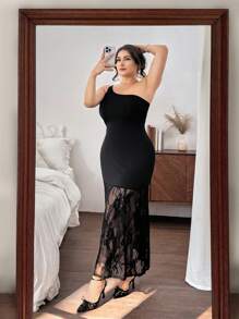 SHEIN Privé Plus Size Women's Asymmetrical Shoulder Lace Patchwork Mermaid Hem Romantic Lace Asymmetric Collar A-Line Dress, Suitable For Romantic Dates And Gatherings, Spring/Summer