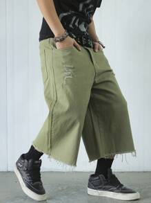 Manfinity EMRG 男士纯色牛仔短裤，休闲日常穿着 - 綠色 - 查看 5