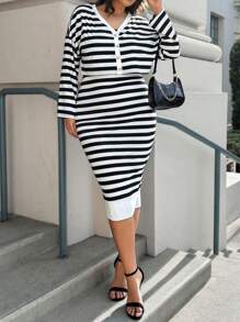 SHEIN LUNE 2 Stücke/Set Gestreiftes Oberteil mit Knopfleiste und lang Ärmeln in Große Größen, Bleistiftrock, romantische Lässig Valentinstag Damenkleidung, Geburtstagskleid für Frauen, Neujahrskostüm für Frauen, Valentinstag-Liebes-2-teiliges Set für Damen