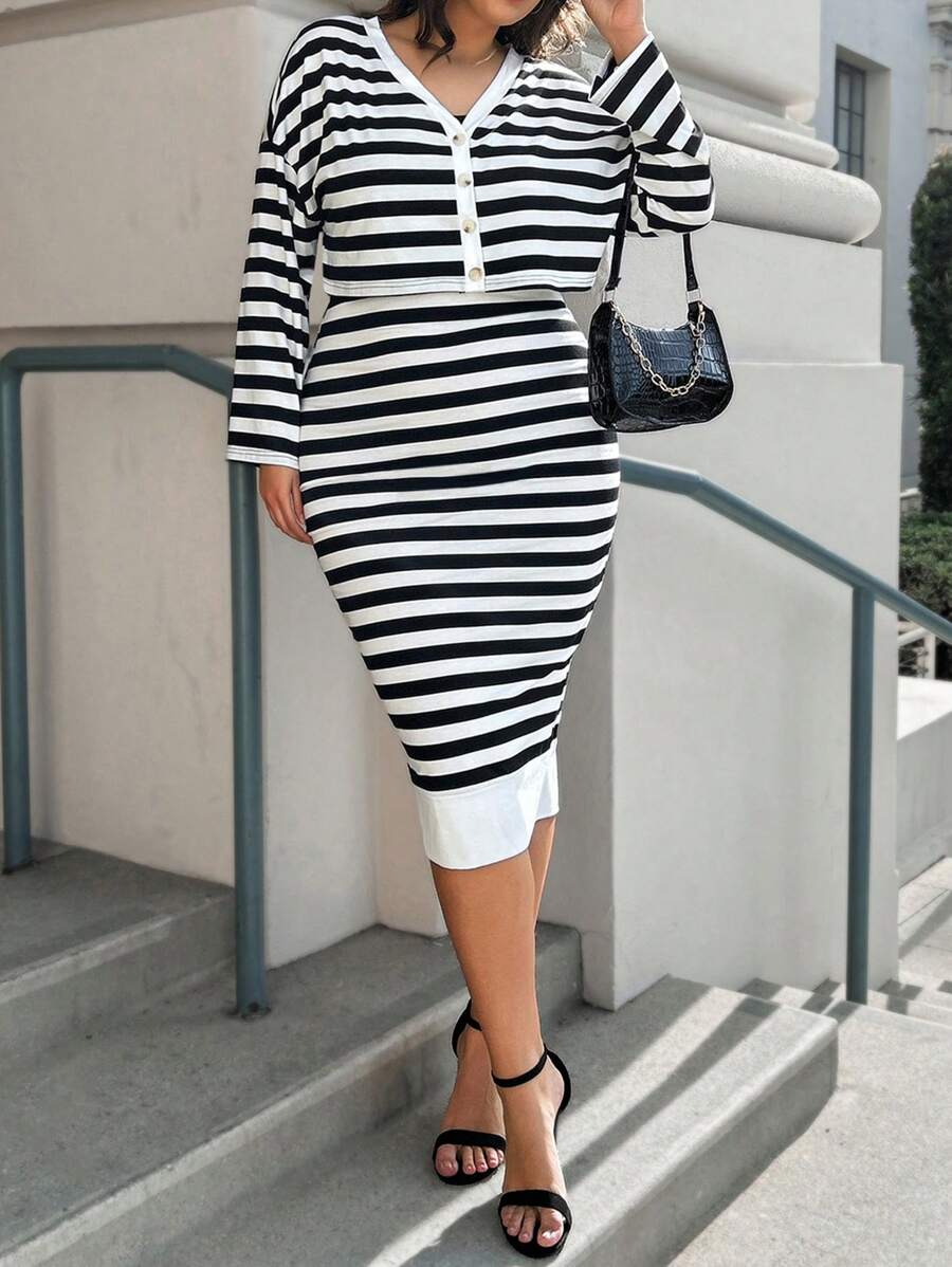 SHEIN LUNE 2 Stücke/Set Gestreiftes Oberteil mit Knopfleiste und lang Ärmeln in Große Größen, Bleistiftrock, romantische Lässig Valentinstag Damenkleidung, Geburtstagskleid für Frauen, Neujahrskostüm für Frauen, Valentinstag-Liebes-2-teiliges Set für Damen