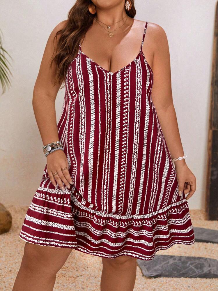 SHEIN VCAY Plus Size Boho Spaghetti Strap Striped Casual Short Dress, For Summer,Beach Dress Sundress,Holiday Outfits - Burgundy - View 6