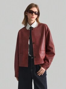 Ontre 2pcs Women's Apparel New Style Spring Valentine's Day Round Neck Long Sleeve Angola Red All-Match Round Neck Long Sleeve Cropped PU Material Jacket All-Match Casual Wear - Burgundy - View 1