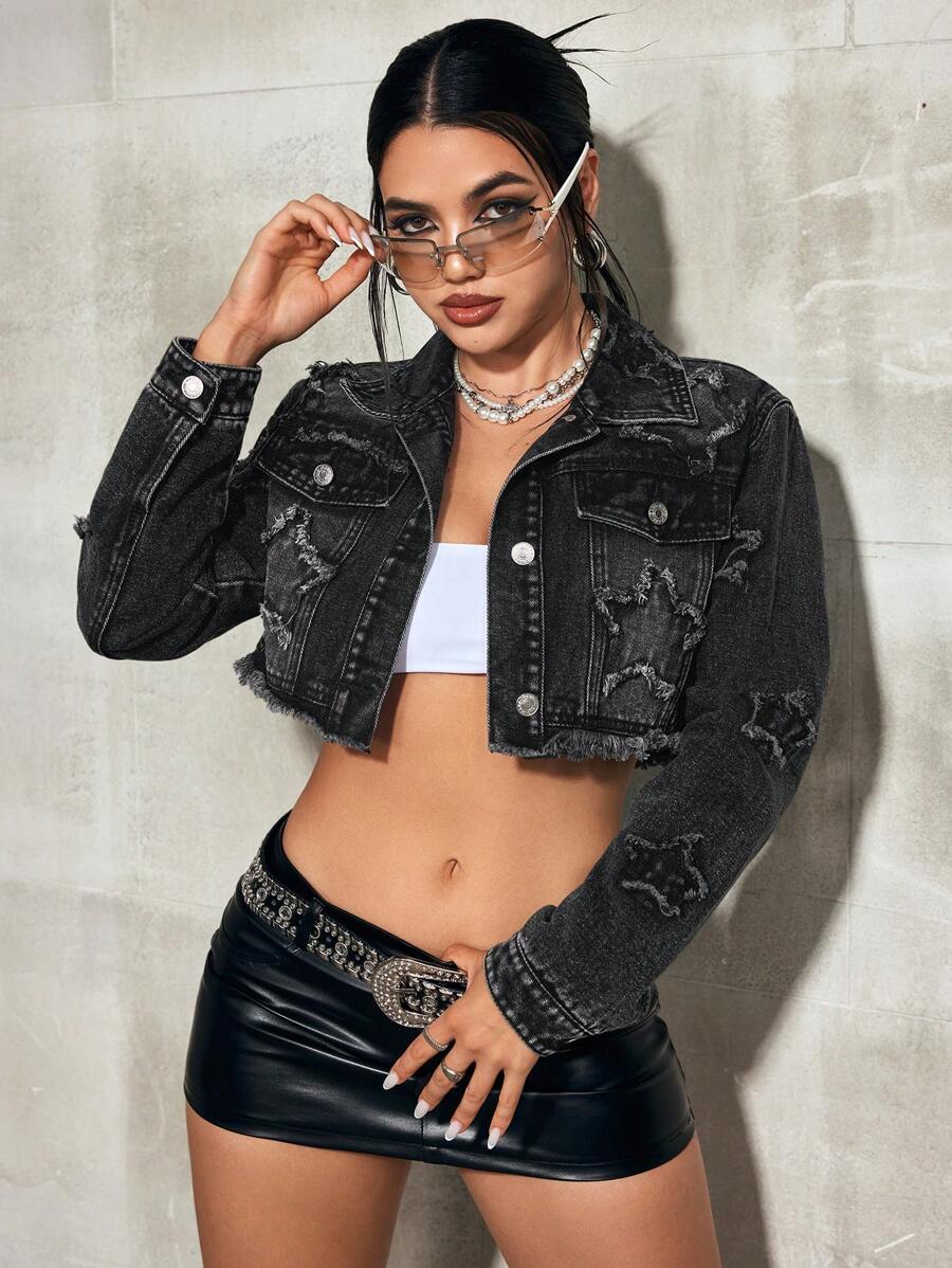 SHEIN EZwear 女式前扣长袖口袋流苏边简约休闲牛仔夹克 - 深灰色 - 查看 1