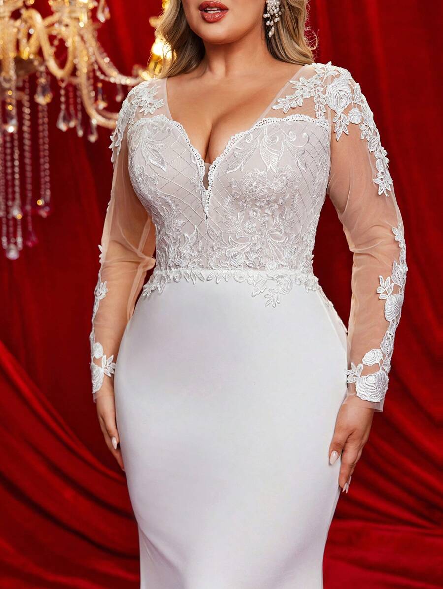 Glamrae plus size white champagne see through mermaid style applique
