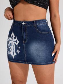 SHEIN ICON 大码女式前扣口袋印花休闲牛仔迷你裙 - 深色水洗藍 - 查看 3