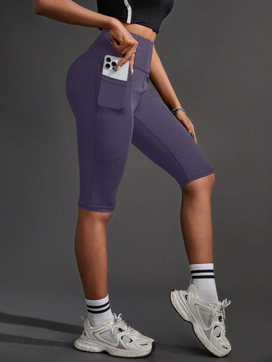 Powerista 无缝高腰口袋运动短裤，纯色