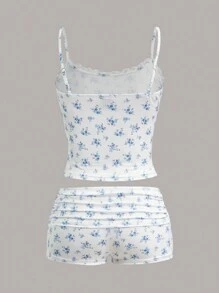 SHEIN PETITE Women's Summer Casual Ditsy Floral Ruched Slim Fit Spaghetti Strap Mini Shorts Two Pieces Set