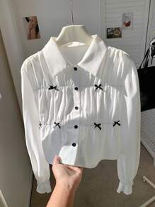 Comfortcana 女式秋季蝴蝶结装饰长袖褶皱休闲衬衫 - 白色 - 查看 7