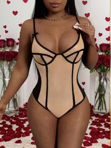 Slaydiva 新年快乐新款性感华丽网眼拼接撞色黑色和杏色线条装饰吊带蝴蝶结女式紧身衣-T