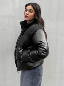 EURMUSE Women PU Leather Patchwork Metal Zipper Casual Fashionable Padded Coat - Black - View 3