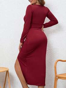 INAWLY Plus Size Solid Deep V-Neck Ruched Thigh-High Slit Long Sleeve Dress - Burgundy - View 2