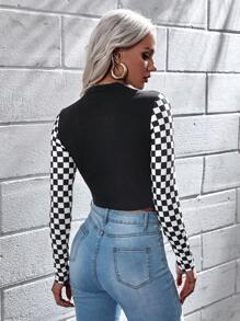 SHEIN Essnce Camiseta a cuadros de cuello alto - Negro - Ver 2