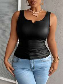 Slaydiva Plus Size Casual All-Match Black Faux Leather Cami Top With Deep U-Neck And Racerback - Black - View 4