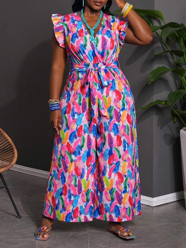 Slaydiva Macacão feminino plus size para férias de verão e casual e colorido com decote em V e alça com estampa de penas