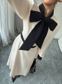 SHEIN Frenchy فستان طويل كاجوال قتامة صامتة مُلحمة بالدانتيل طويل الأكمام قصبة القزم، فستان طويل ذو رقبة ملثمة وأشرطة لطراز عربي، إطلالة المرأة