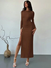 Aloruh Modern Metal Decor Backless Long Sleeve High Slit Maxi Bodycon Dress For Women - Brown - View 7