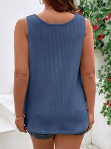 SHEIN VCAY Plus Size Women's Solid Color Round Neck Single Breasted Casual Tank Top - Blue - View 2