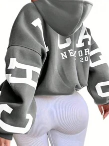 INAWLY 女款大尺碼字母印花連帽落肩運動衫 - 灰色 - 查看 1