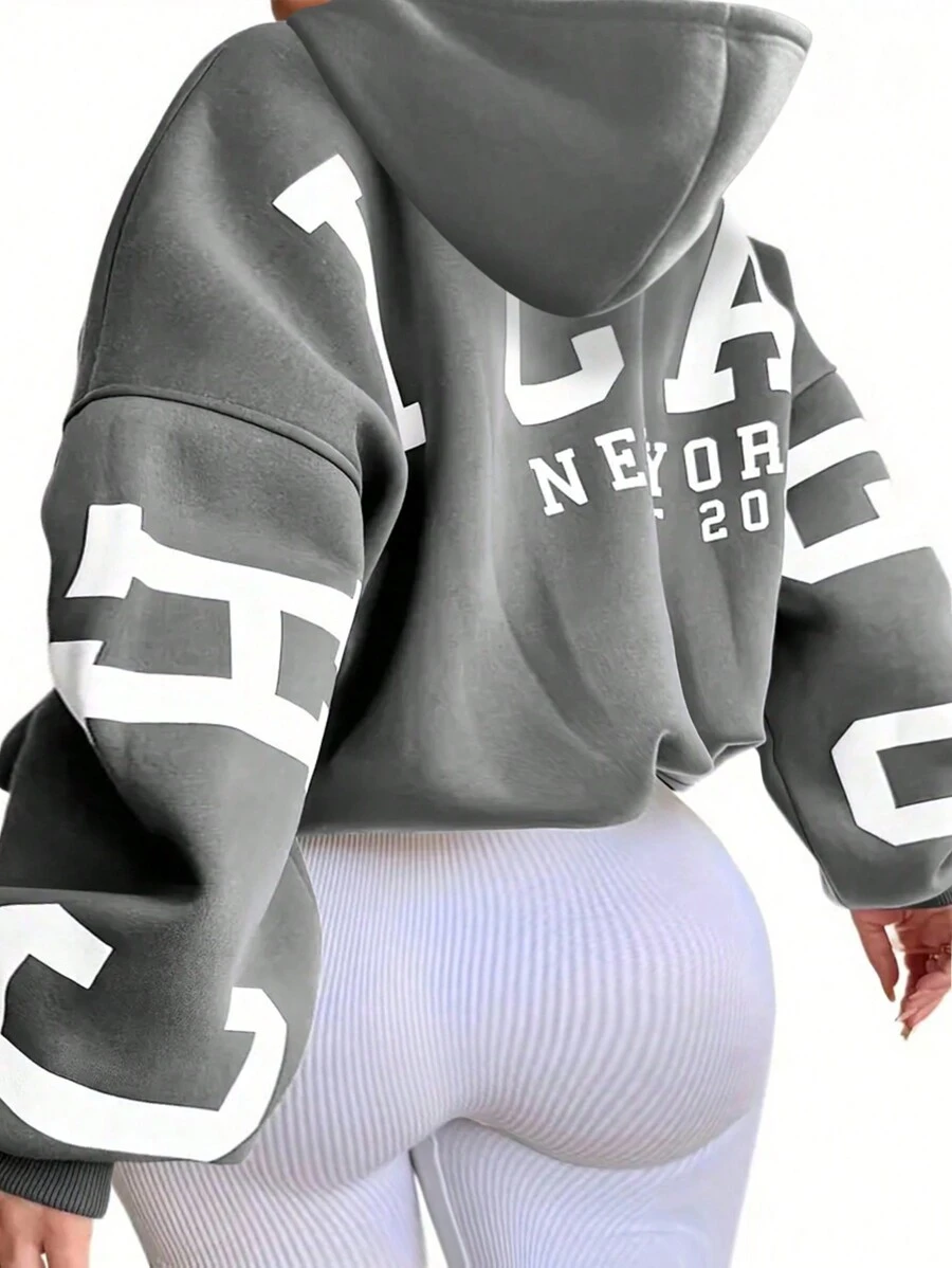 INAWLY 女款大尺碼字母印花連帽落肩運動衫 - 灰色 - 查看 1