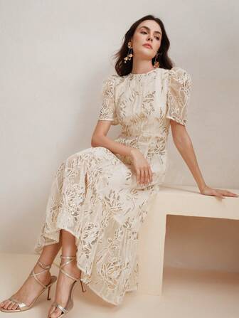 Anewsta Women's Elegant Lace-Trim Sequins Embroidery Round Neck Short Sleeve Dress