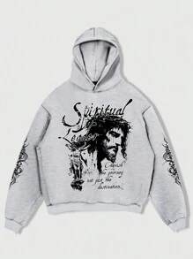 ROMWE MEN Men's Street Print Casual Versatile Long Sleeve Hoodie - Grey - View 1