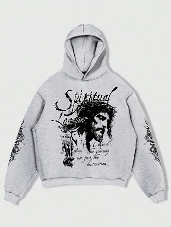 Sudadera con capucha de manga larga casual y versátil con estampado urbano para hombres