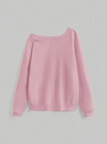 ROMWE Kawaii 休闲可爱猫咪刺绣不对称领口宽松针织毛衣，适合年轻女士 - 粉色 - 查看 2