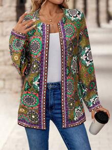 EMERY ROSE Women's Casual Retro Print Front Open Jacket For Holiday - Green - View 4