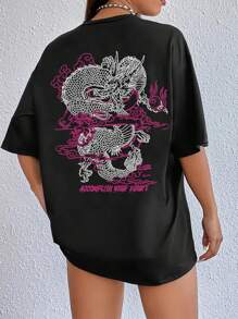 INAWLY Plus Size Women's Summer Casual T-Shirt With Slogan & Dragon Print, Round Neck And Dolman Sleeves ACCOMPLISH YOUR FUTURE Graphic Tees Women Tops