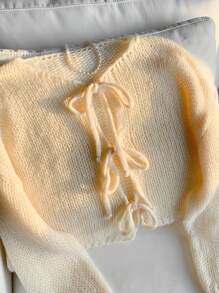 SHEIN EZwear Cardigan décontracté à manches longues avec nœud devant pour femmes, automne/hiver - Jaune citron - Voir 4