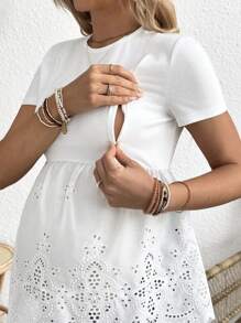 SHEIN Solid Color Crew Neck Short Sleeve Casual Maternity Nursing Top - White - View 3