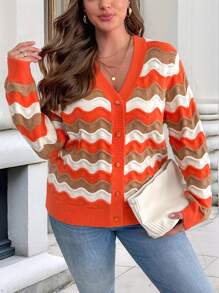 Calvaya Plus Size Front Button Down Long Sleeve Wavy Striped Casual Blouse - Burnt Orange - View 6