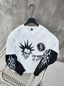 Manfinity EMRG 男士哥德風小丑反派圖案套頭衛衣，大廓形 2 合 1 風格，白色配黑色，秋季街頭風城市度假款 - 彩色 - 查看 7