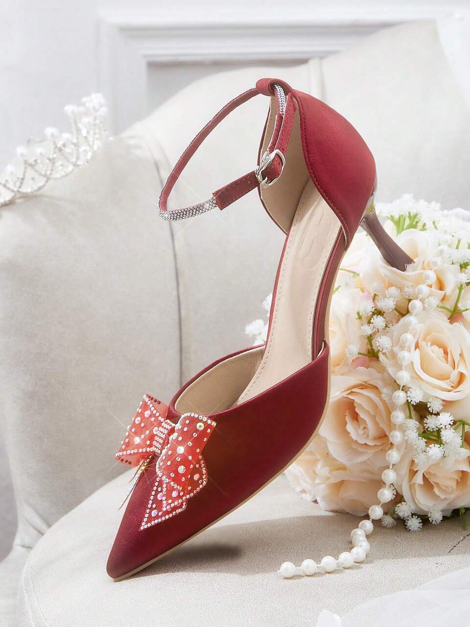 CUCCOO HITCHD Elegant Red Satin Rhinestone Ankle Strap Bow Pointed Toe High Heels, Suitable For Banquet, Wedding, Commute, Date, Christmas Party Valentine's Day